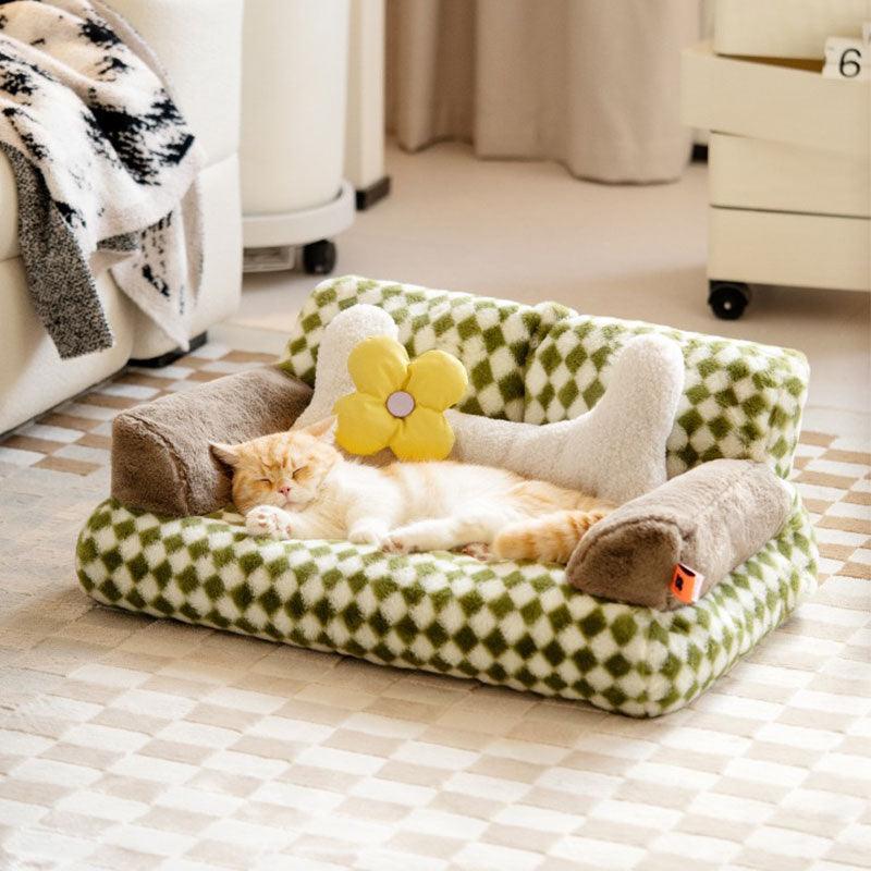 Cute Cat Bed Couch Retro Diamond Grid Comfortable Sofa Nest