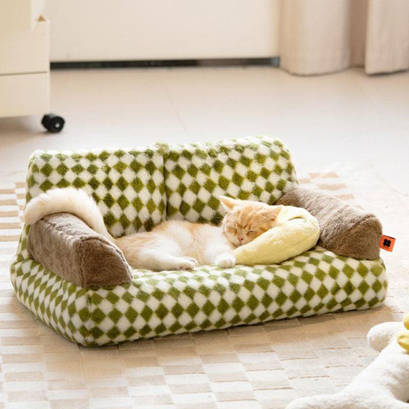 Cute Cat Bed Couch Retro Diamond Grid Comfortable Sofa Nest