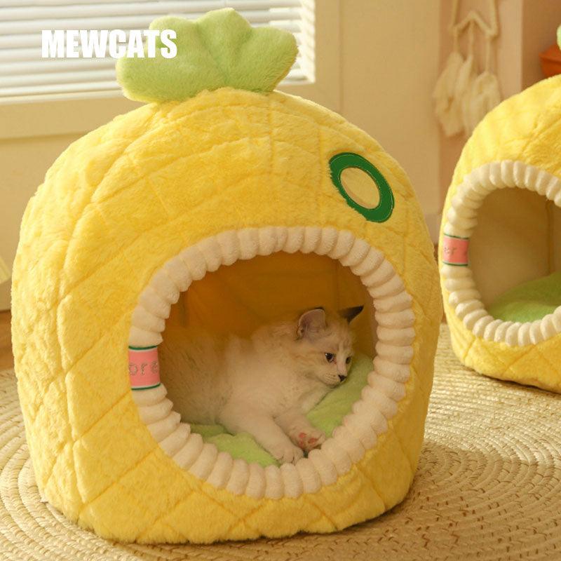 Cat Bed Yellow Pineapple Shape House Soft Plush Cat Cave Nest