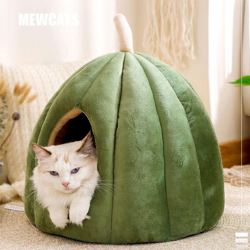 Pumpkin Cat Bed Winter Warm Comfortable Sleeping House Green Cat Nest