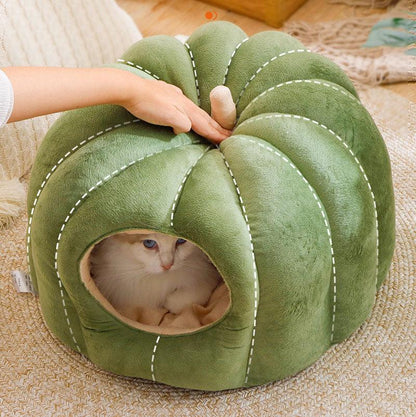 Pumpkin Cat Bed Winter Warm Comfortable Sleeping House Green Cat Nest