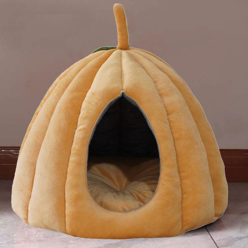 Pumpkin Cat Bed Winter Warm Comfortable Sleeping House Yellow Cat Nest
