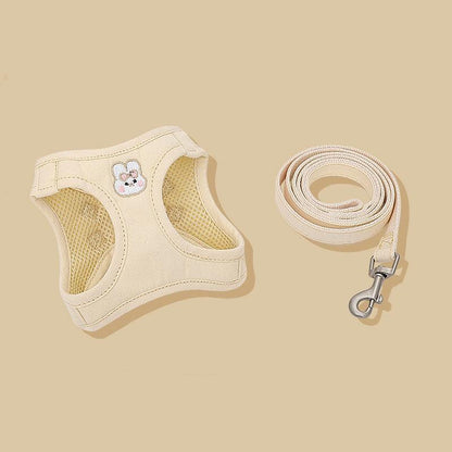 Rabbit Embroidered Cat Leash Set Beige Kitty Harness - MEWCATS