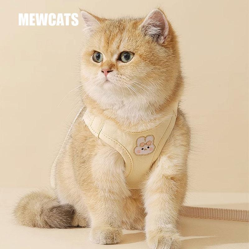 Rabbit Embroidered Cat Leash Set Beige Kitty Harness - MEWCATS