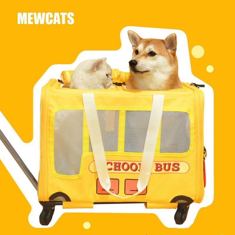 School Bus Carrier With Wheels Trolley for 2 Cats