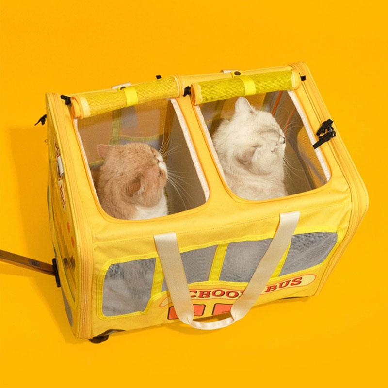 School Bus Carrier With Wheels Trolley for 2 Cats