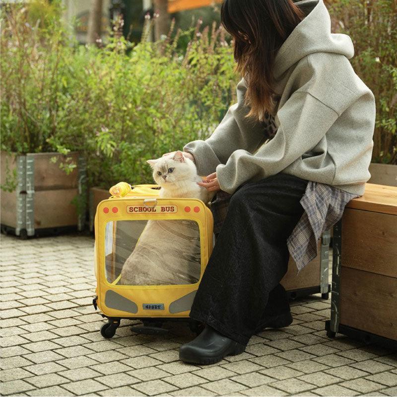 School Bus Carrier With Wheels Trolley for 2 Cats - MEWCATS