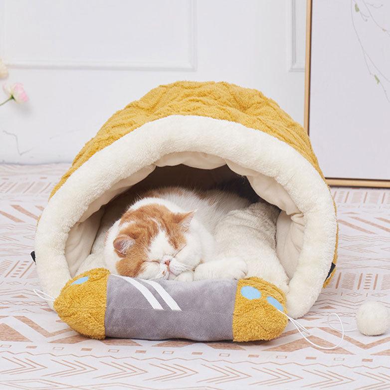 Cat Padded House Bed Warm Semi-Enclosed Yellow Pet Nest Dual-Use Pillow