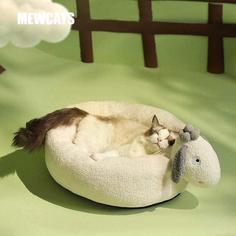 Soft Cat Bed Sheep shape Warm Soft Fleece White Pet Nest