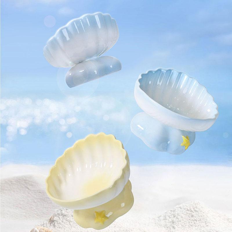 Shell Cat Food Water Bowl 2 Color Ceramic Elevated Bowl