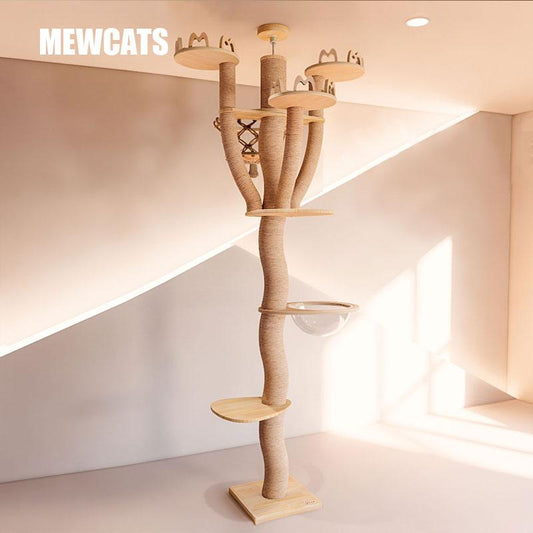 Solid Wood Multi-Layer Floor to Ceiling Cat Climbing Tree - MEWCATS