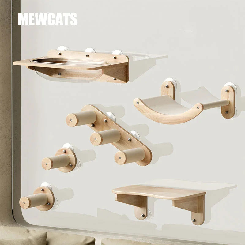Solid Wood Suction Cup Cat Wall Shelves - MEWCATS
