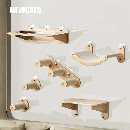 Solid Wood Suction Cup Cat Wall Shelves - MEWCATS