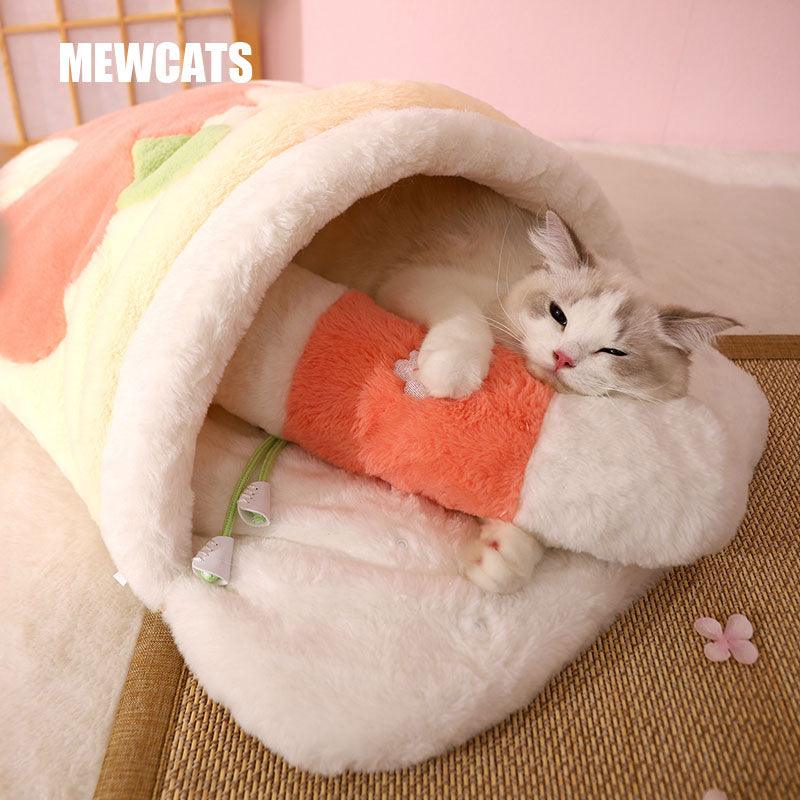 Super Warm Cat Bed Pink Pet Sleeping Bag Nest with Removable Pillow