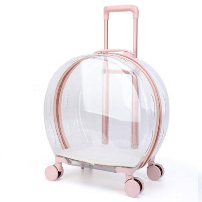 Transparent Cat Trolley Case Travel Transport Tote With Wheels Rolling Pink Pet Handbag