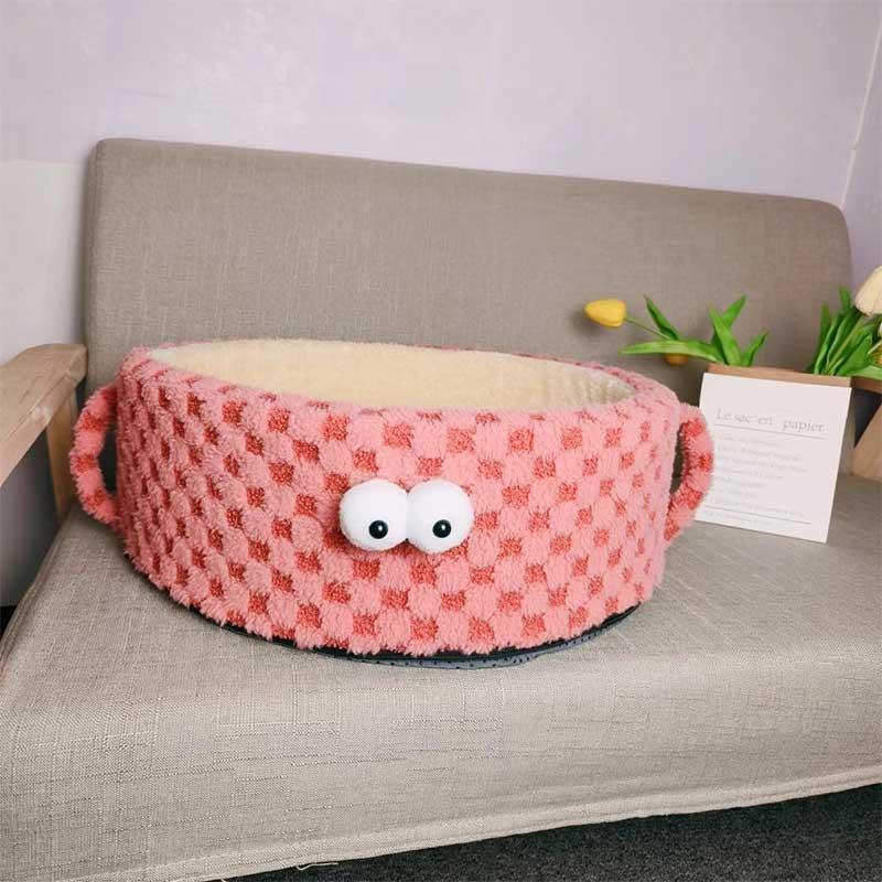 Vintage Grid Round Cat Bed Red Couch