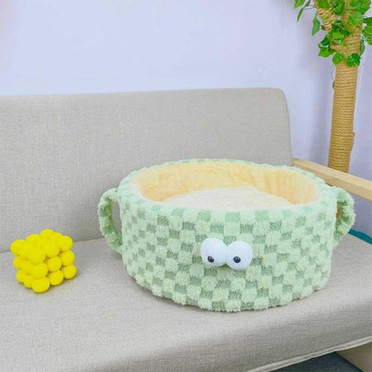 Vintage Grid Round Cat Bed Green Couch