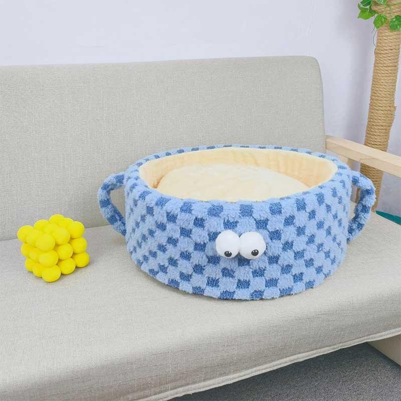 Vintage Grid Round Cat Bed Blue Couch