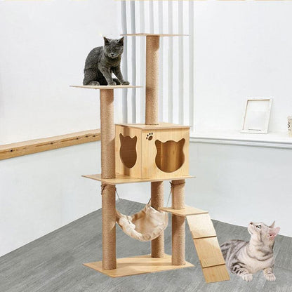 Wooden Cat Tree Scratching Toy Sisal Grinding Paws Cat Climbing Frame Tower