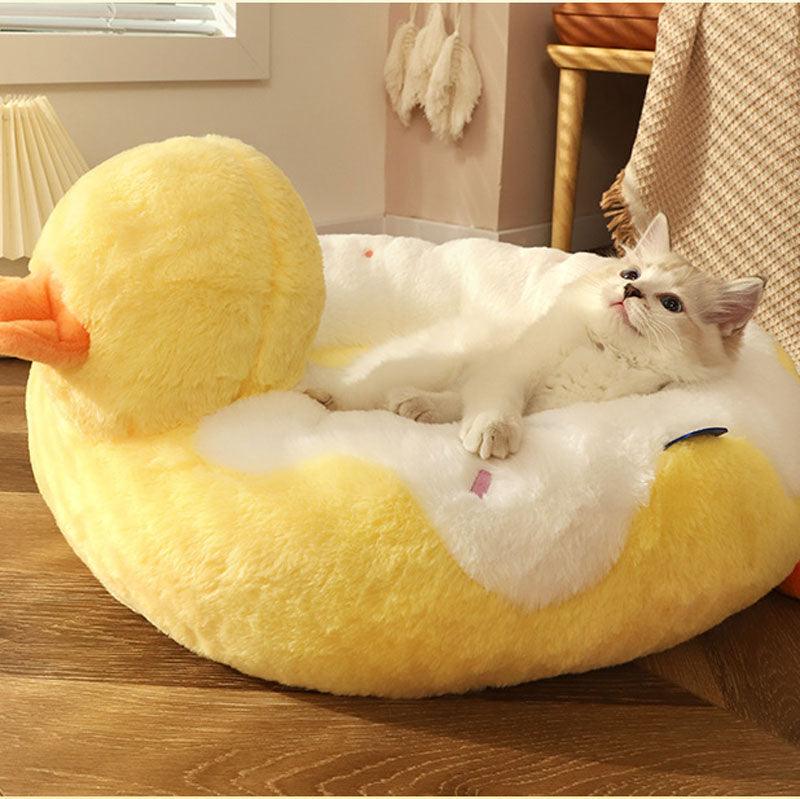 Cute Cat Nest Cartoon Little Yellow Duck Shape Fluffy Pet Bed